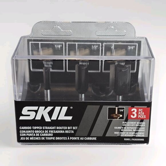 SKIL Router Bit Set 91001 Tipped Straight 3 Piece Includes 1/4" 1/2" 3/4" Bits - Picture 1 of 9